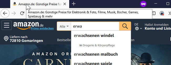 Screenshot Amazon.de – Suchbegriff: erwa – „erwachsenen windel“ auf Platz 1 