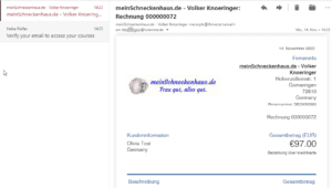 Screenshot der Email mit dem Betreff: "meinSchneckenhaus.de - Volker Knoeringer - Rechnung xy" Diese Email enthält die Rechnung für den Einkauf.