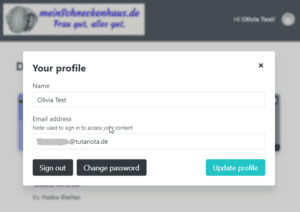 Screenshot der Profil-Einstellungen, zu denen man gelangt, wenn man auf seinen Namen klickt. Hier kann der Name, die E-Mail Adresse und das Passwort geändert werden.<br /> (Anklicken zum Vergrößern.)